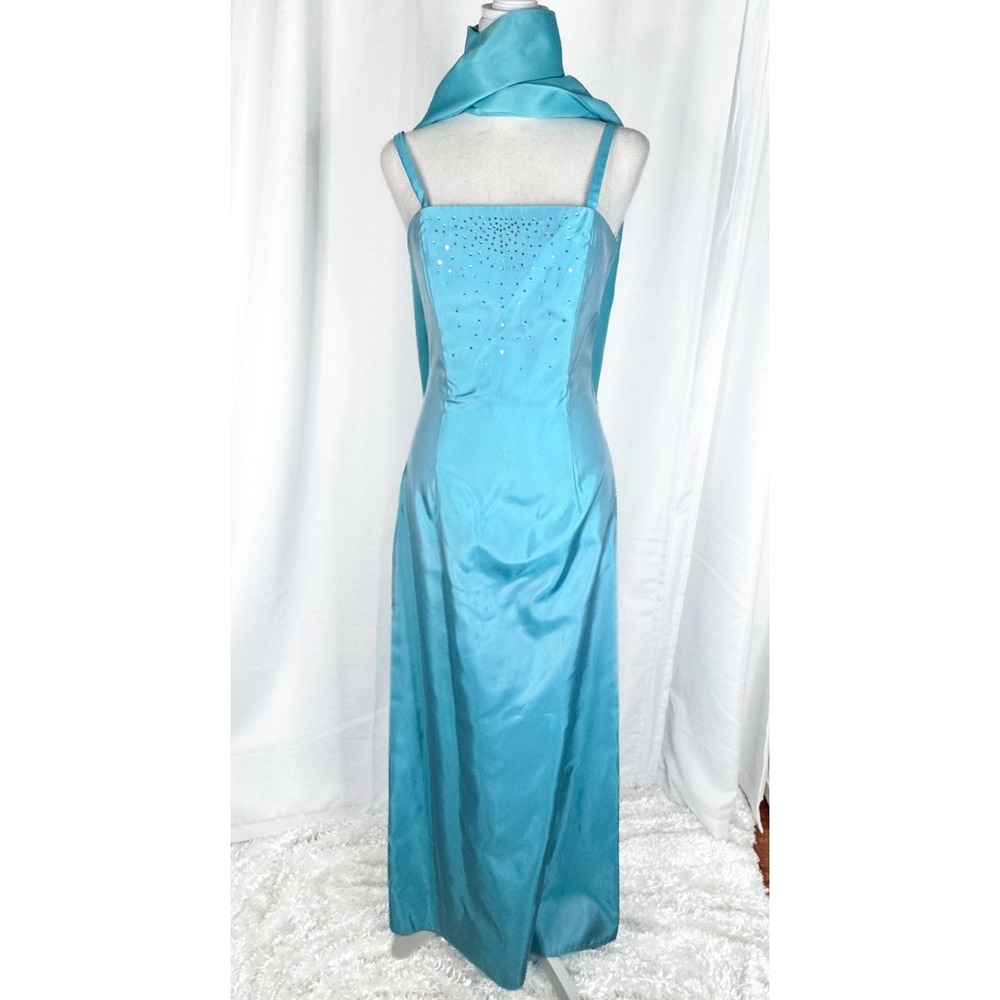 Vintage Jessica McClintock Gunne Sax Dress Size 3 Blue Satin Rhinestone Scarf